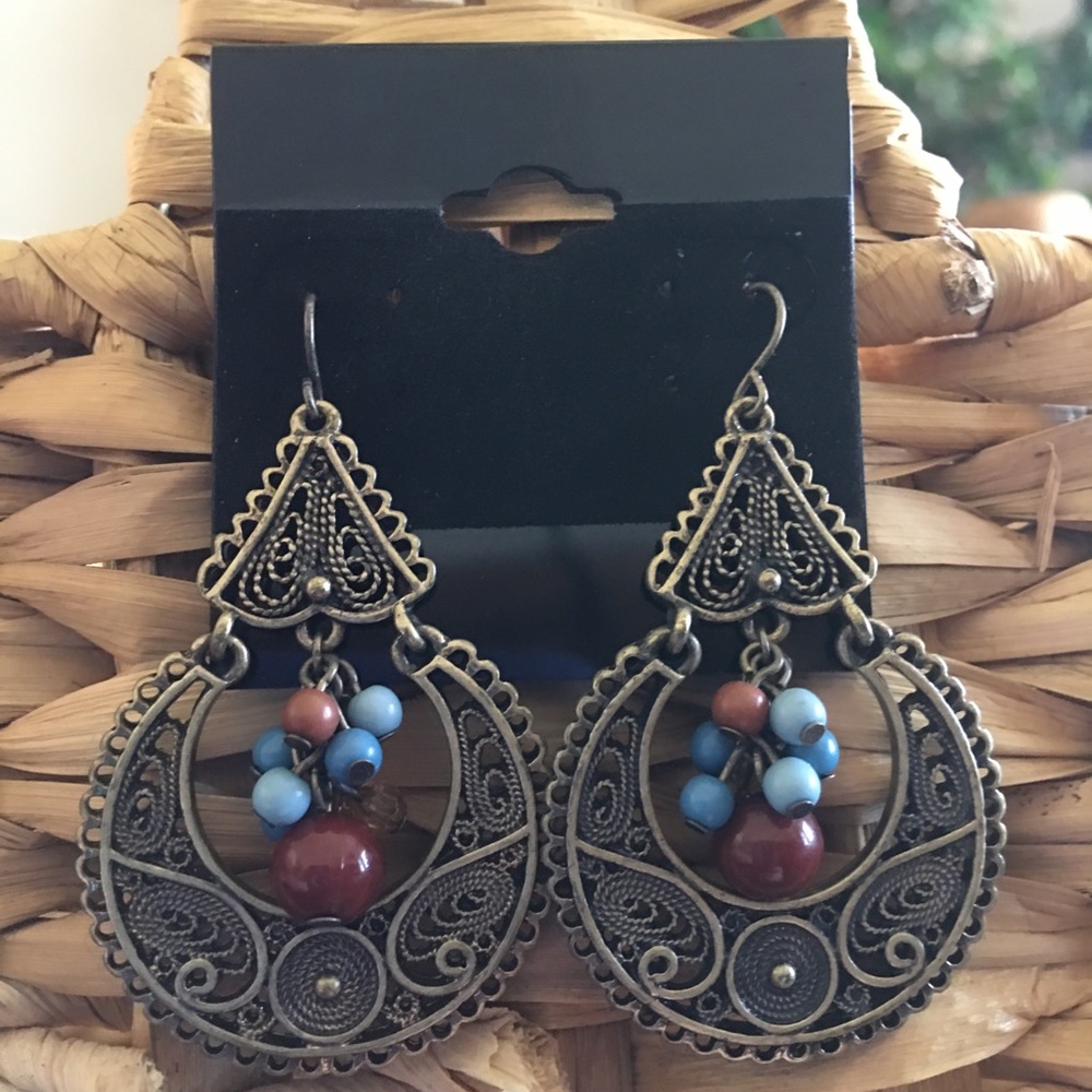Brass tone dangle bead fish hook earrings